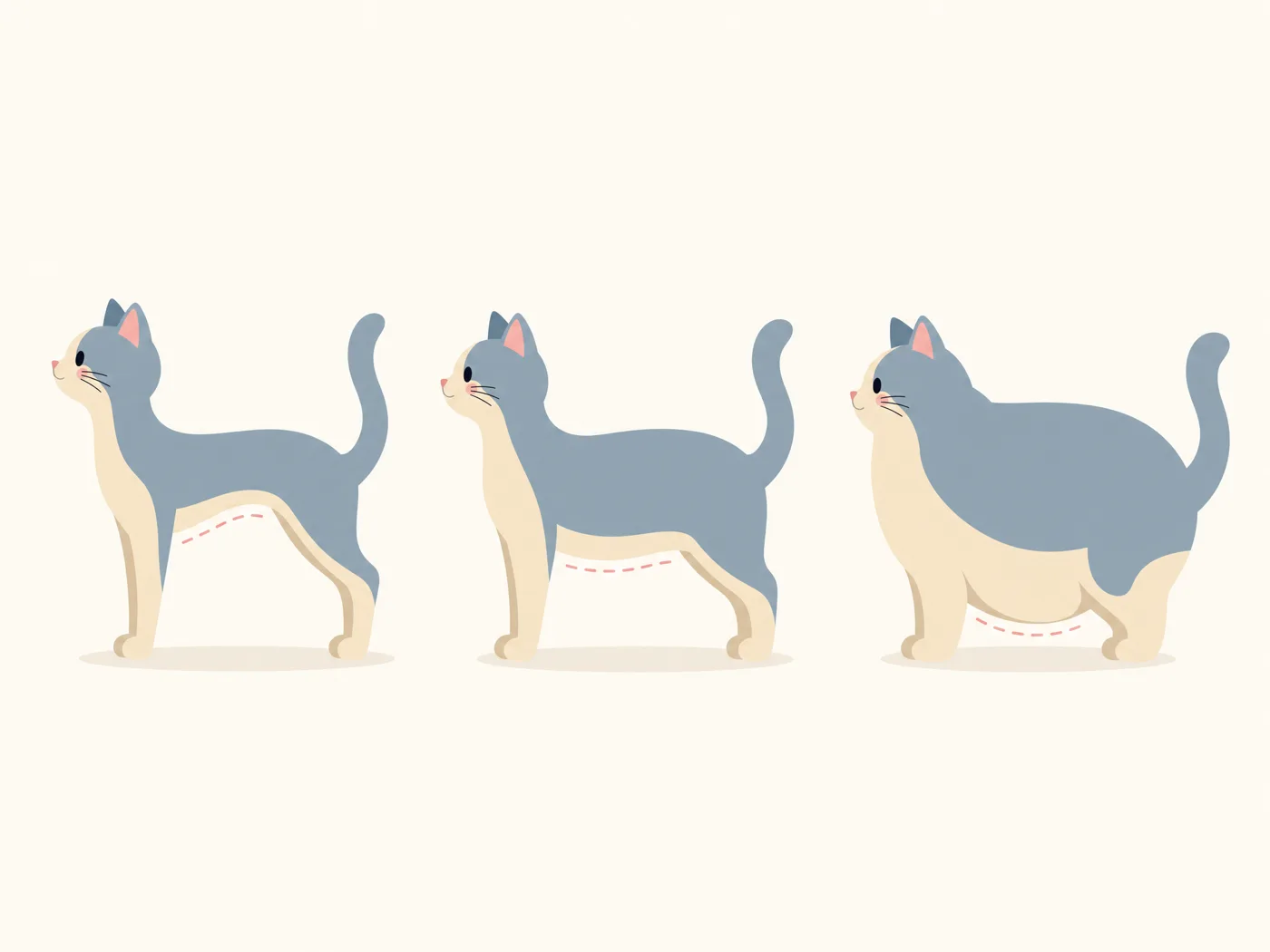 横から見た猫のお腹のライン比較イラスト（左: 極端に吊り上がる／中央: ゆるやかに引き締まる／右: 丸く垂れる）